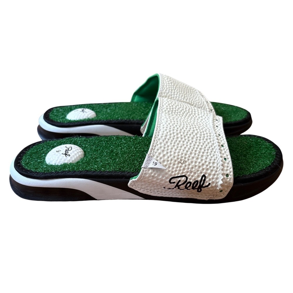 Reef Mulligan Slide Men White Green Golf Grass Novelty Sandals SIZE 9